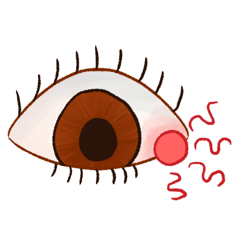 A drawing of a large brown eye. There's a pink circle overlaid in the corner of it with wavy pink pain lines emanating from it.